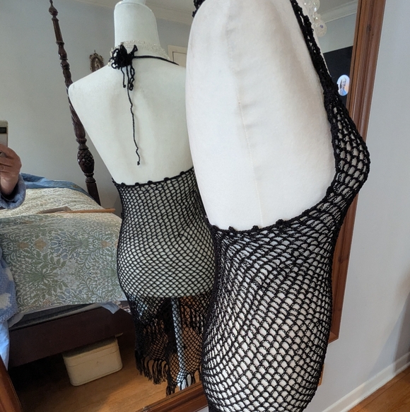 Black Crocheted Fringe Swim Coverup Dress - Picture 4 of 6